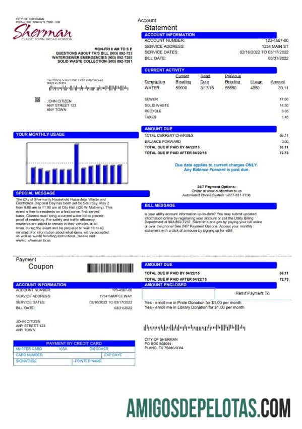 realista Modelo de conta de serviços públicos da cidade de Sherman nos EUA em formato Word e PDF